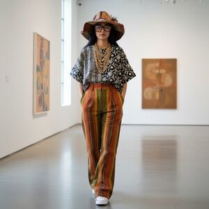 Vintage Handmade India Block Print Boxy Crop Boho Stripe Floral Black White XS